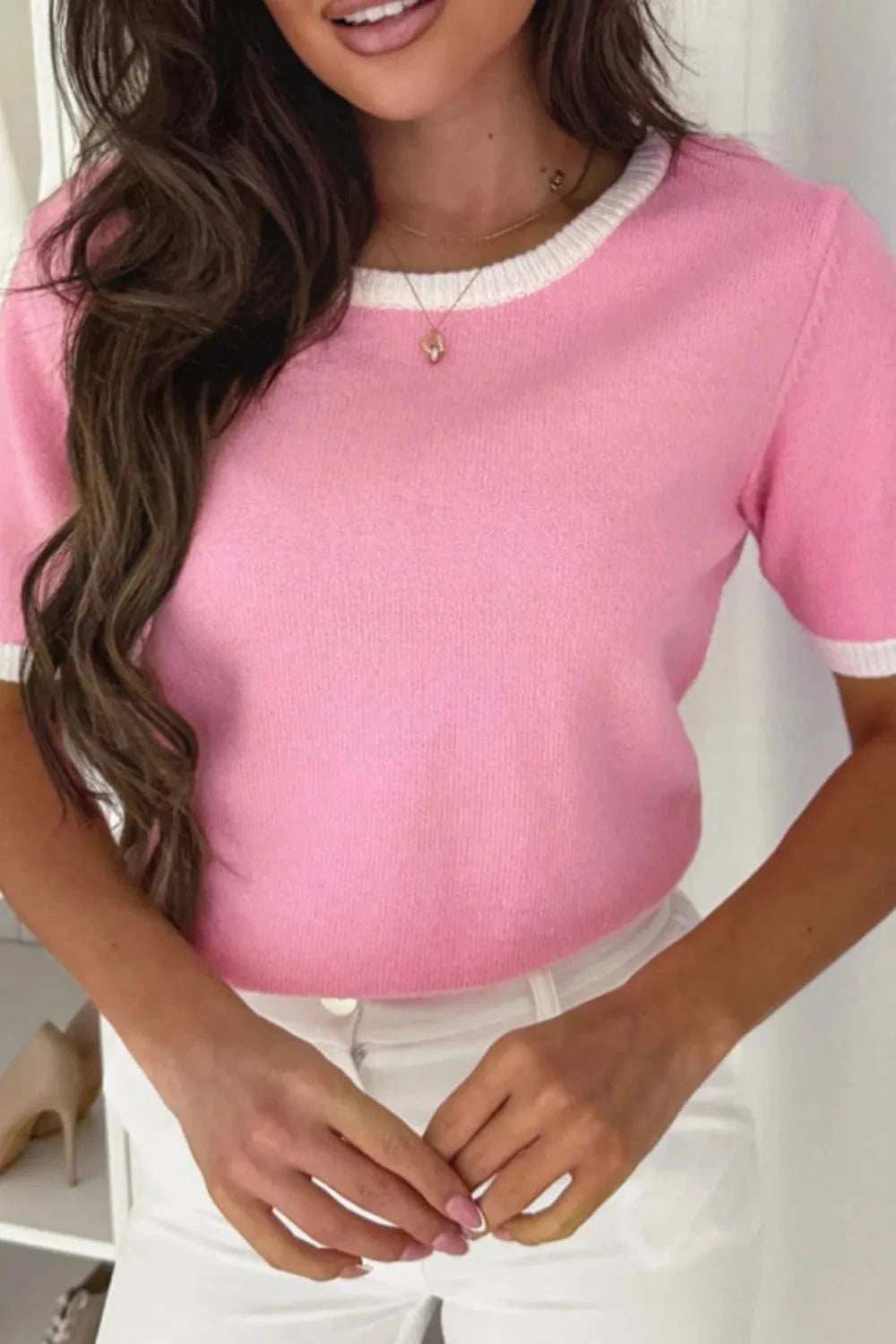 Bow Back Round Neck Short Sleeve Knit Top - Trendsi - Flyclothing LLC