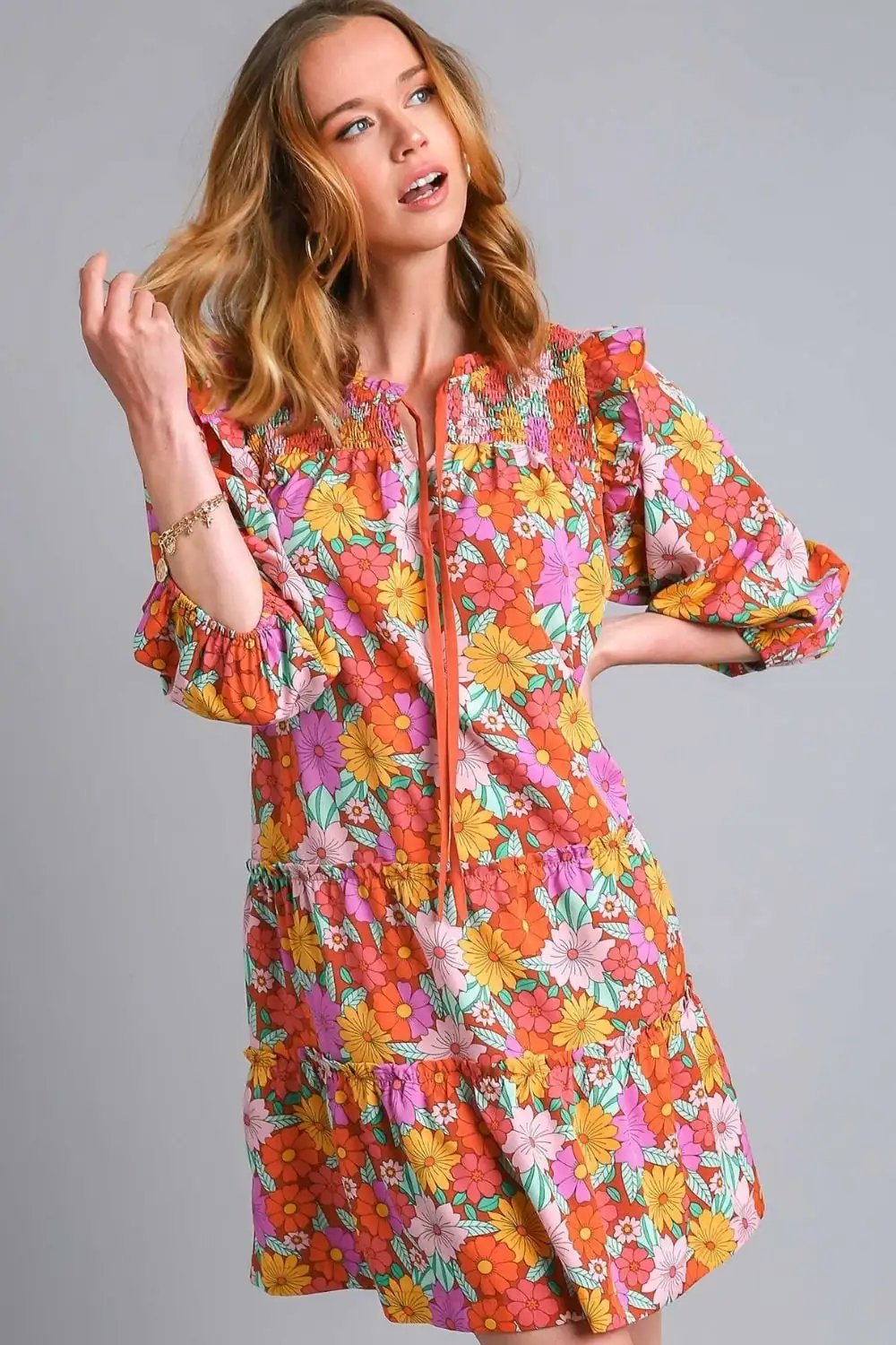 Umgee Full Size Ruffled Flower Print Tie Neck Tiered Dress Plus Size - Trendsi