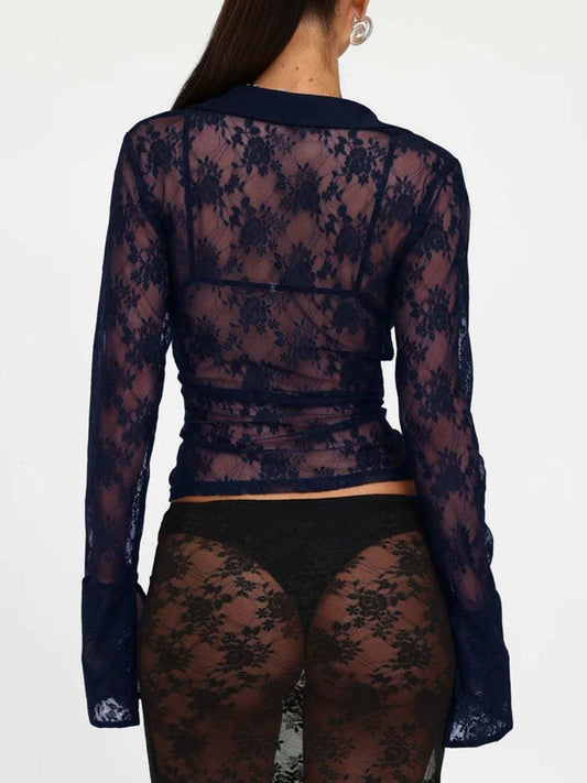 Devine Plunge Long Sleeve Lace Top - Trendsi - Flyclothing LLC