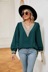 Contrast Puff Sleeve Blouse - Trendsi - Flyclothing LLC