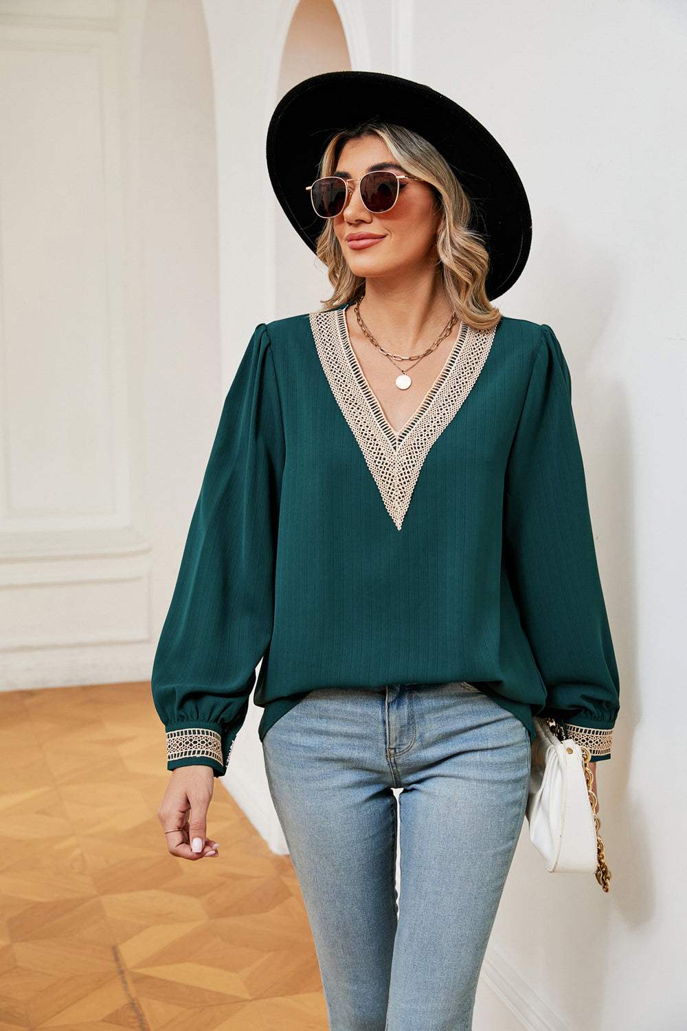Contrast Puff Sleeve Blouse - Trendsi - Flyclothing LLC