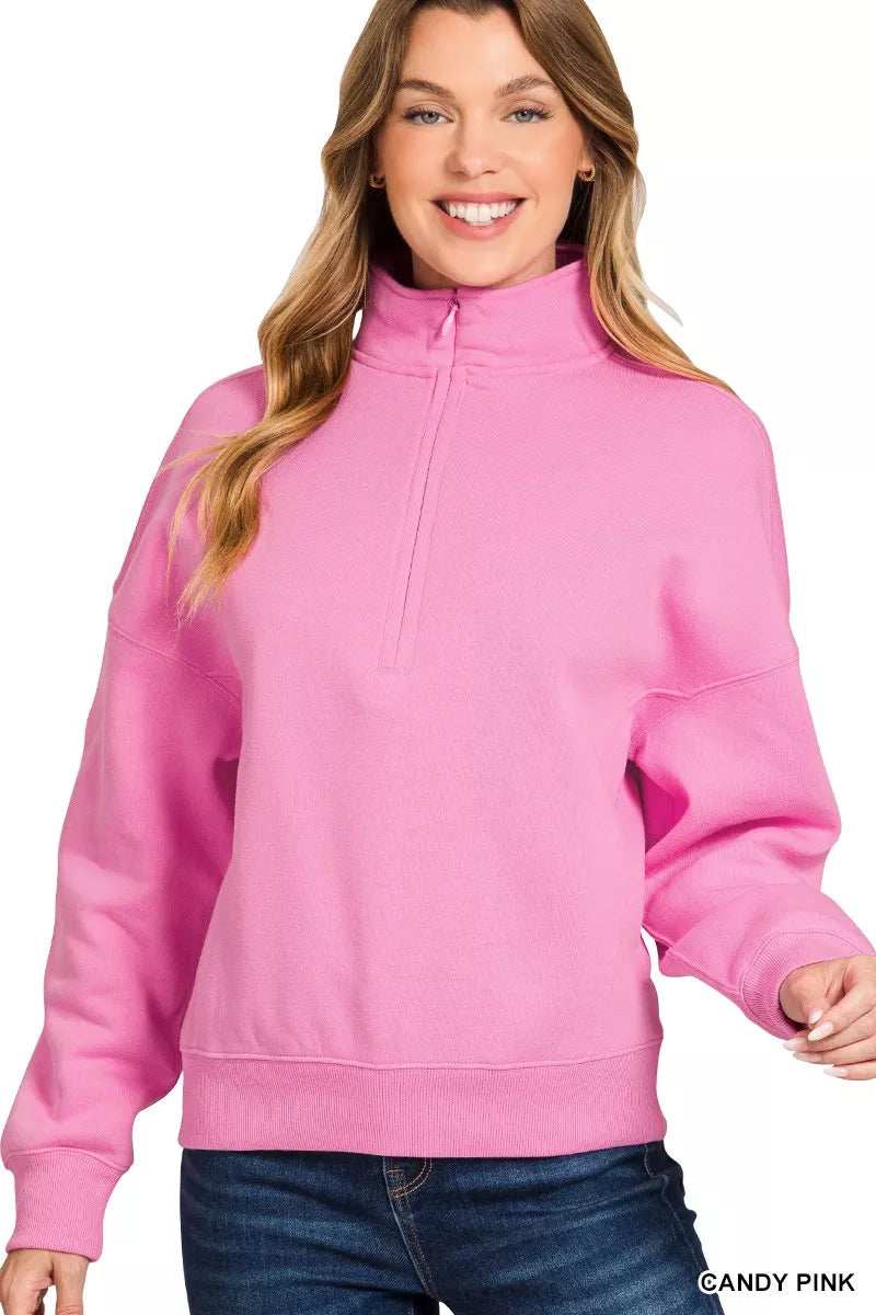 Zenana Fleece High Neck Half Zip Sweatshirt - Trendsi - Flyclothing LLC