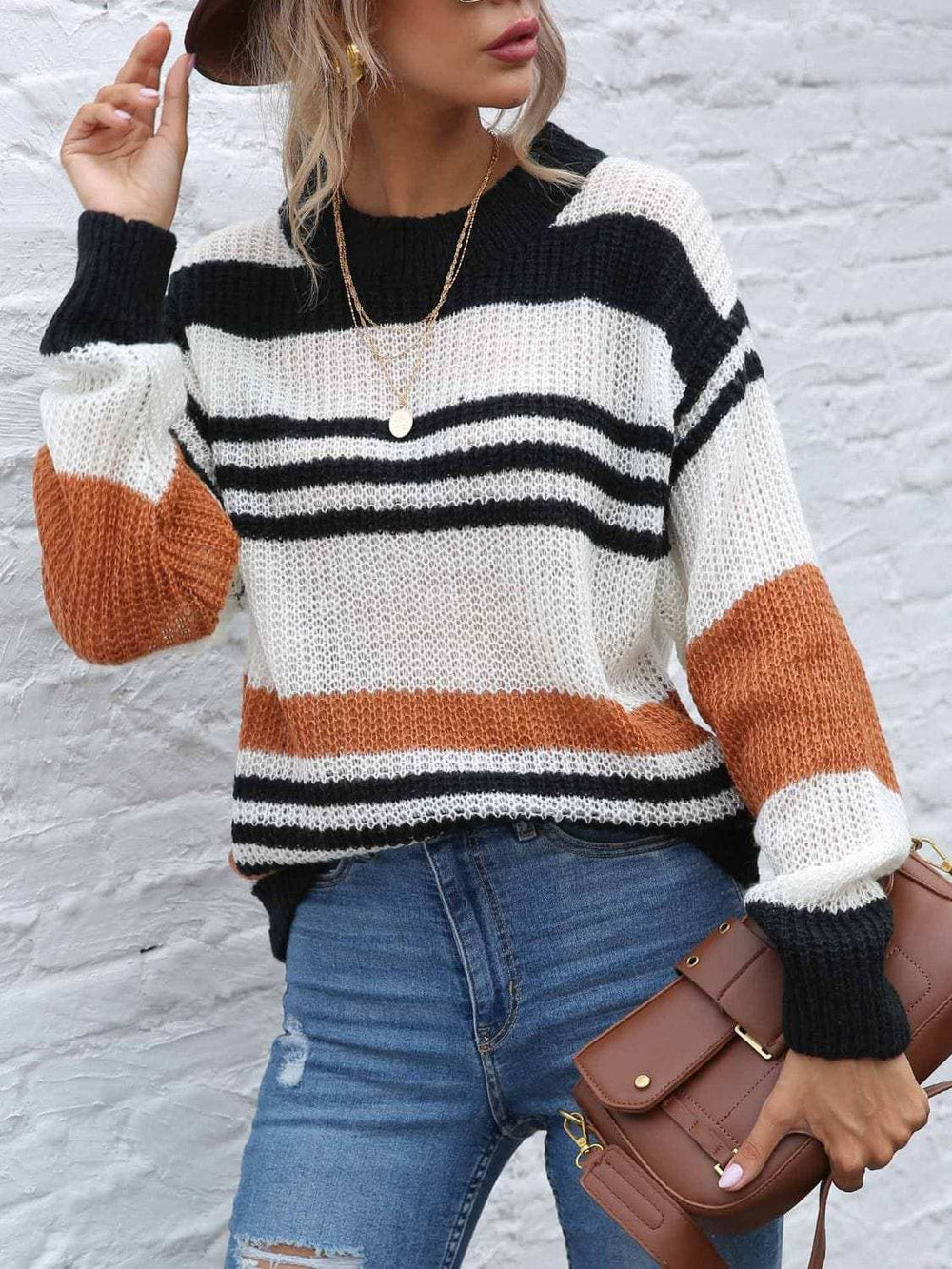 Contrast Striped Round Neck Long Sleeve Sweater - Trendsi - Flyclothing LLC