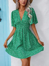 Printed V-Neck Half Sleeve Mini Dress - Trendsi - Flyclothing LLC
