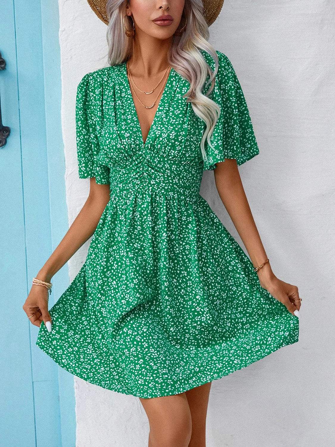 Printed V-Neck Half Sleeve Mini Dress - Trendsi - Flyclothing LLC