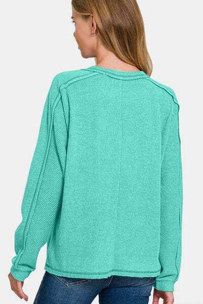 Zenana Full Size Contrast Stitching Brushed Ribbed Hacci Knit Top Plus Size - Trendsi - Flyclothing LLC