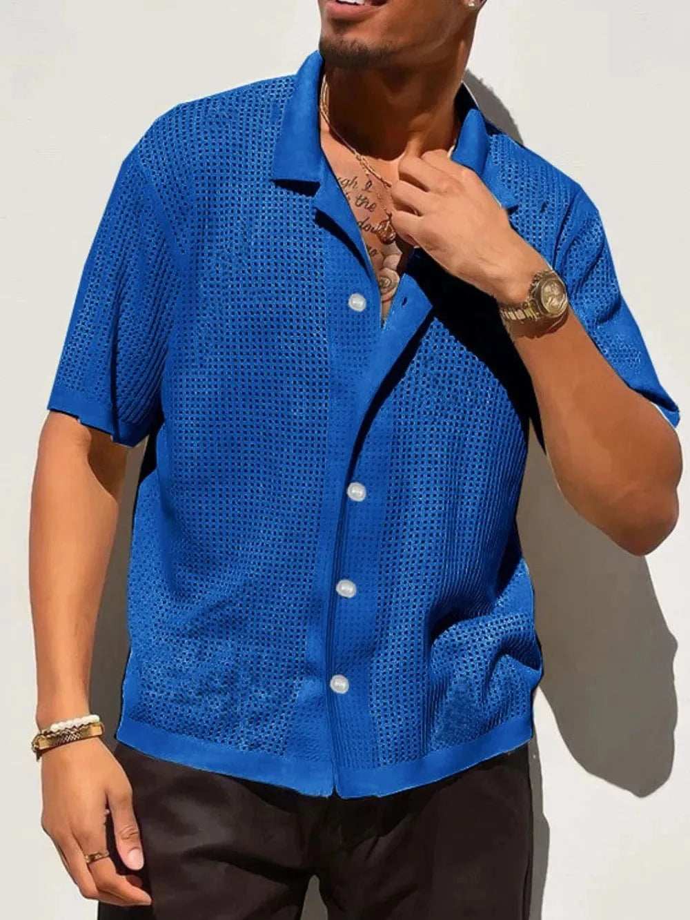 Open Work Button Men's Full Size Openwork Button Down Collared Neck Shirt Plus Size ...
