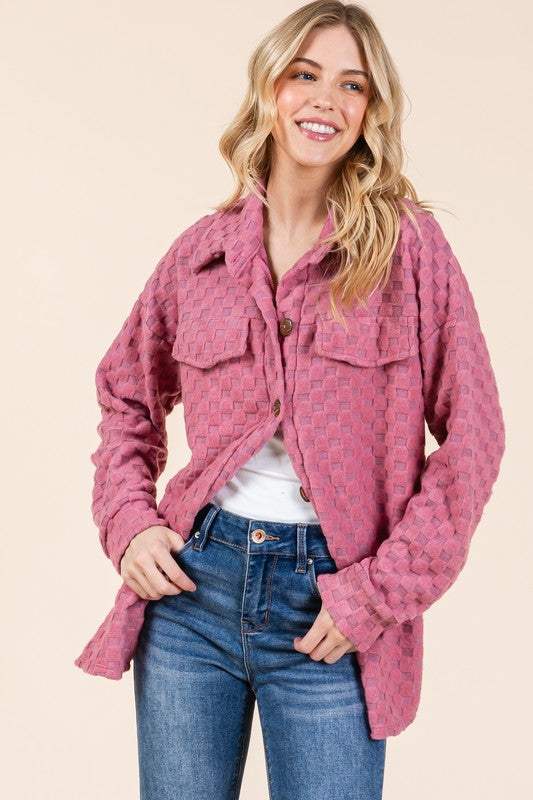 BOMBOM Checkered Button Down Dropped Shoulder Shacket - Trendsi - Flyclothing LLC
