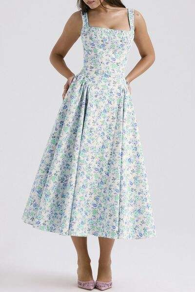 Floral Square Neck Wide Strap Midi Dress - Trendsi - Flyclothing LLC