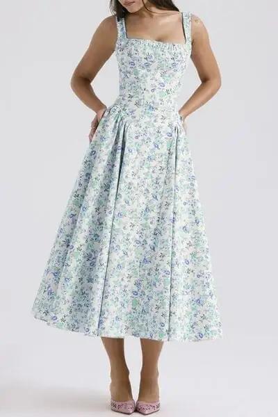 Floral Square Neck Wide Strap Midi Dress - Trendsi