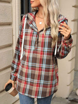 Drawstring Plaid Hooded Long Sleeve Top - Trendsi - Flyclothing LLC