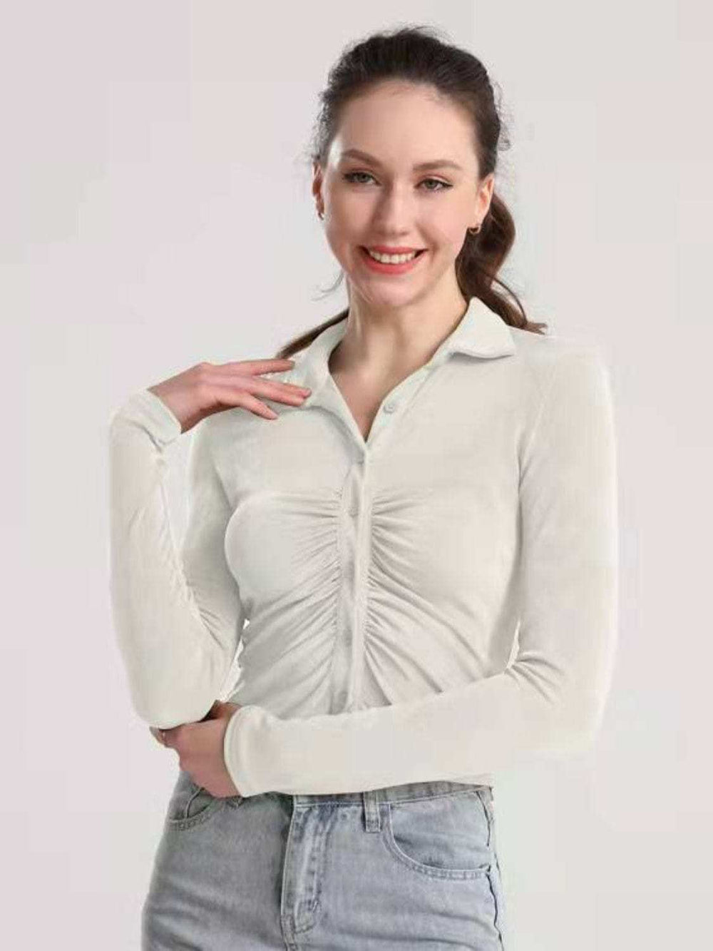 Ruched Button Up Long Sleeve T-Shirt - Trendsi - Flyclothing LLC