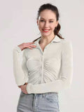 Ruched Button Up Long Sleeve T-Shirt - Trendsi - Flyclothing LLC
