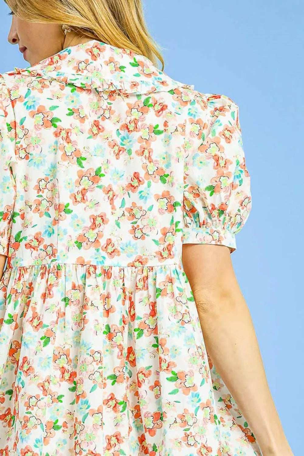Umgee Floral Print Puff Sleeve Tie Front Mini Dress - Trendsi - Flyclothing LLC