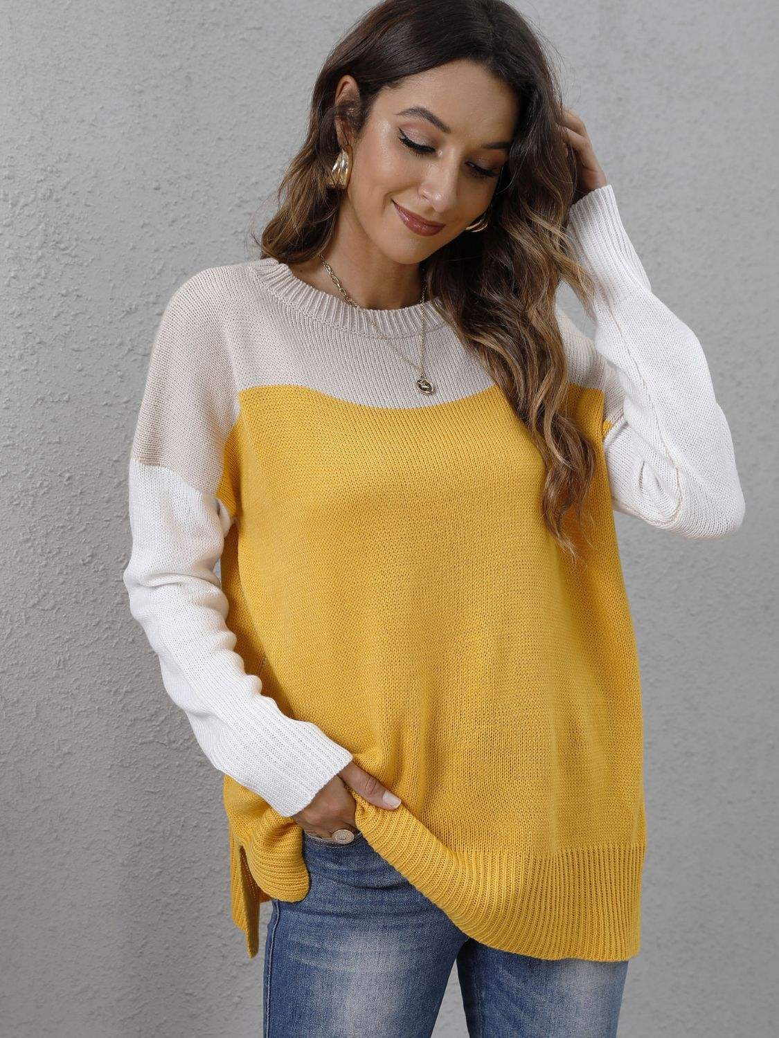 Color Block Round Neck Dropped Shoulder Sweater - Trendsi - Flyclothing LLC