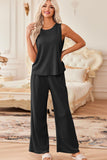 Waffle-Knit Round Neck Tank and Pants Set - Trendsi