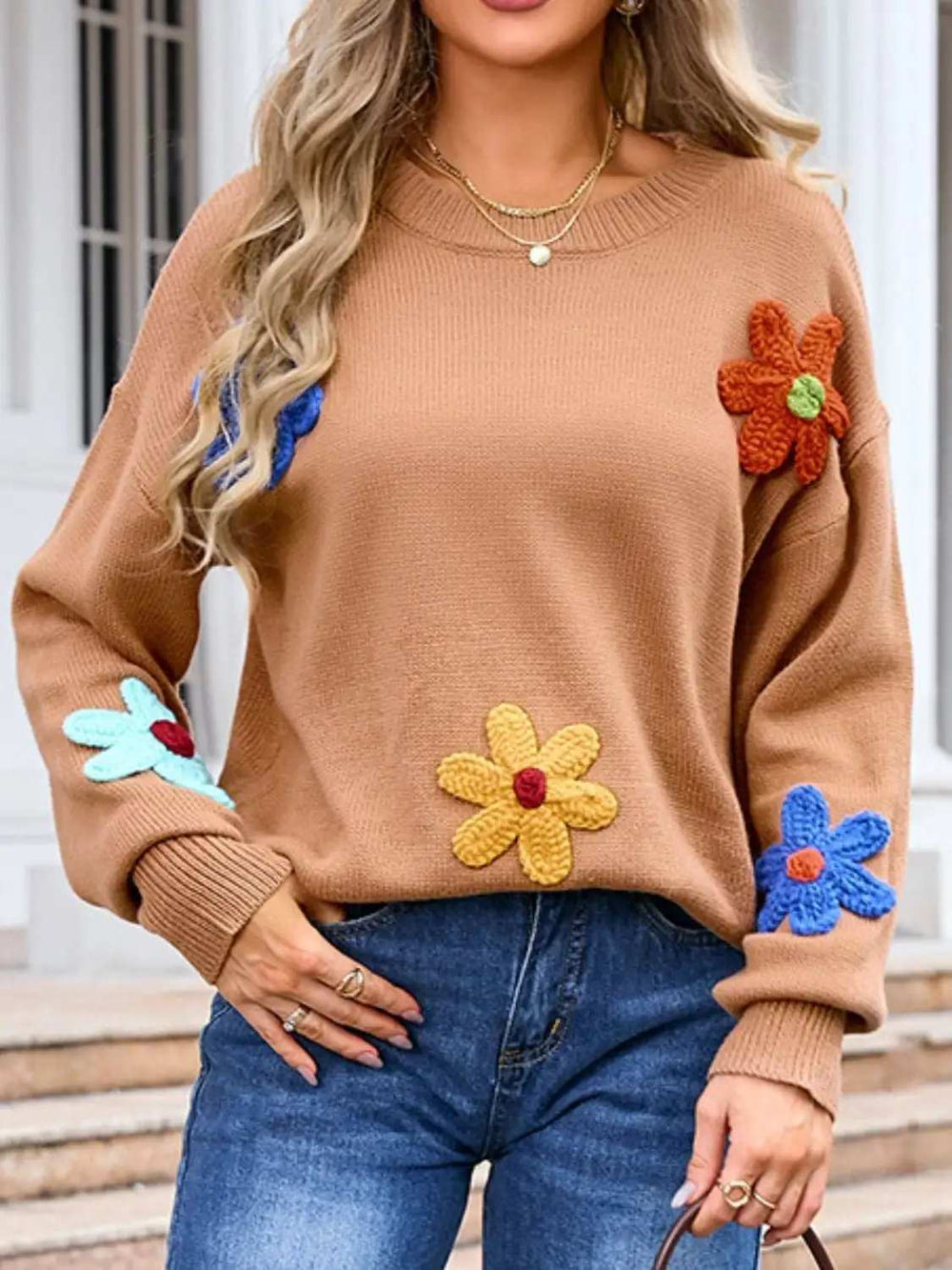 Crochet Flower Round Neck Sweater - Trendsi - Flyclothing LLC