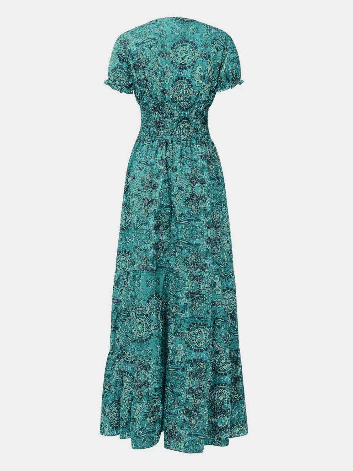 Full Size Smocked Printed V-Neck Short Sleeve Dress - Trendsi - Flyclothing LLC
