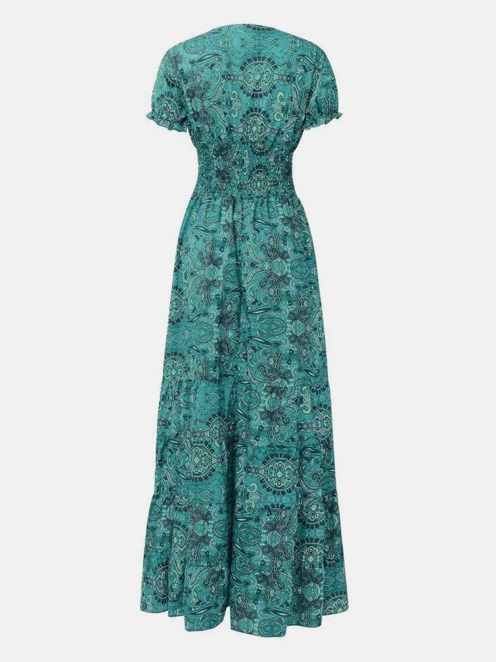 Full Size Smocked Printed V-Neck Short Sleeve Dress - Trendsi - Flyclothing LLC