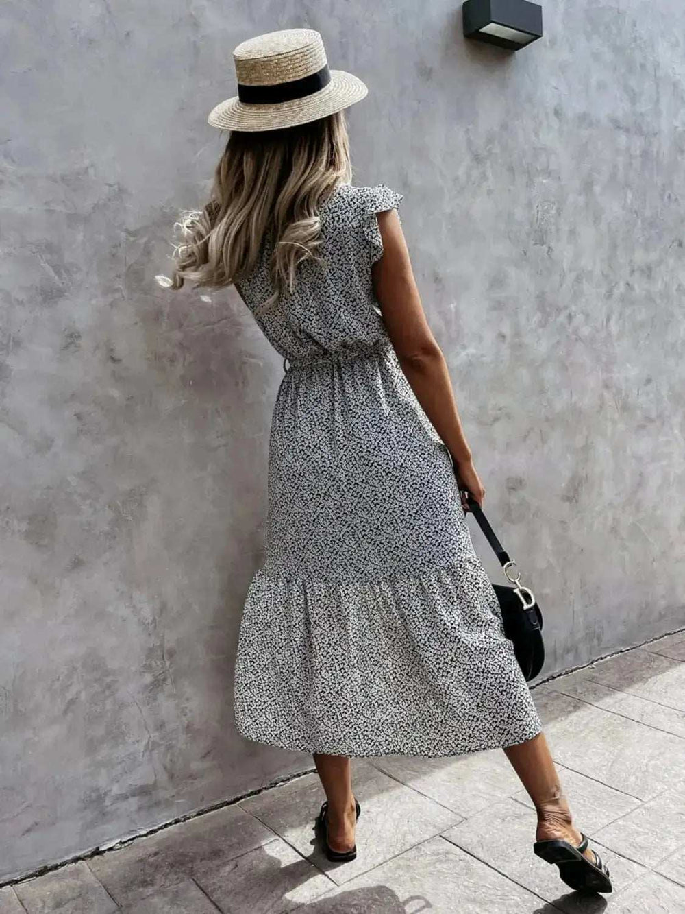 Ruffled Surplice Printed Cap Sleeve Dress - Trendsi - Flyclothing LLC