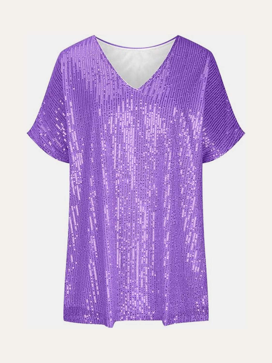 Full Size Sequin V-Neck Short Sleeve Top - Trendsi - Flyclothing LLC