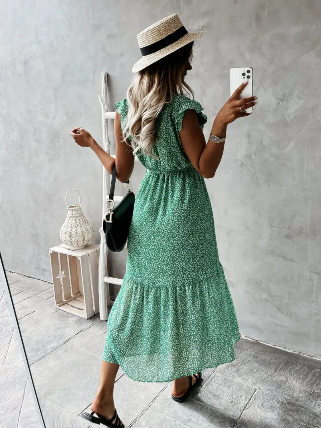 Ruffled Surplice Printed Cap Sleeve Dress - Trendsi - Flyclothing LLC