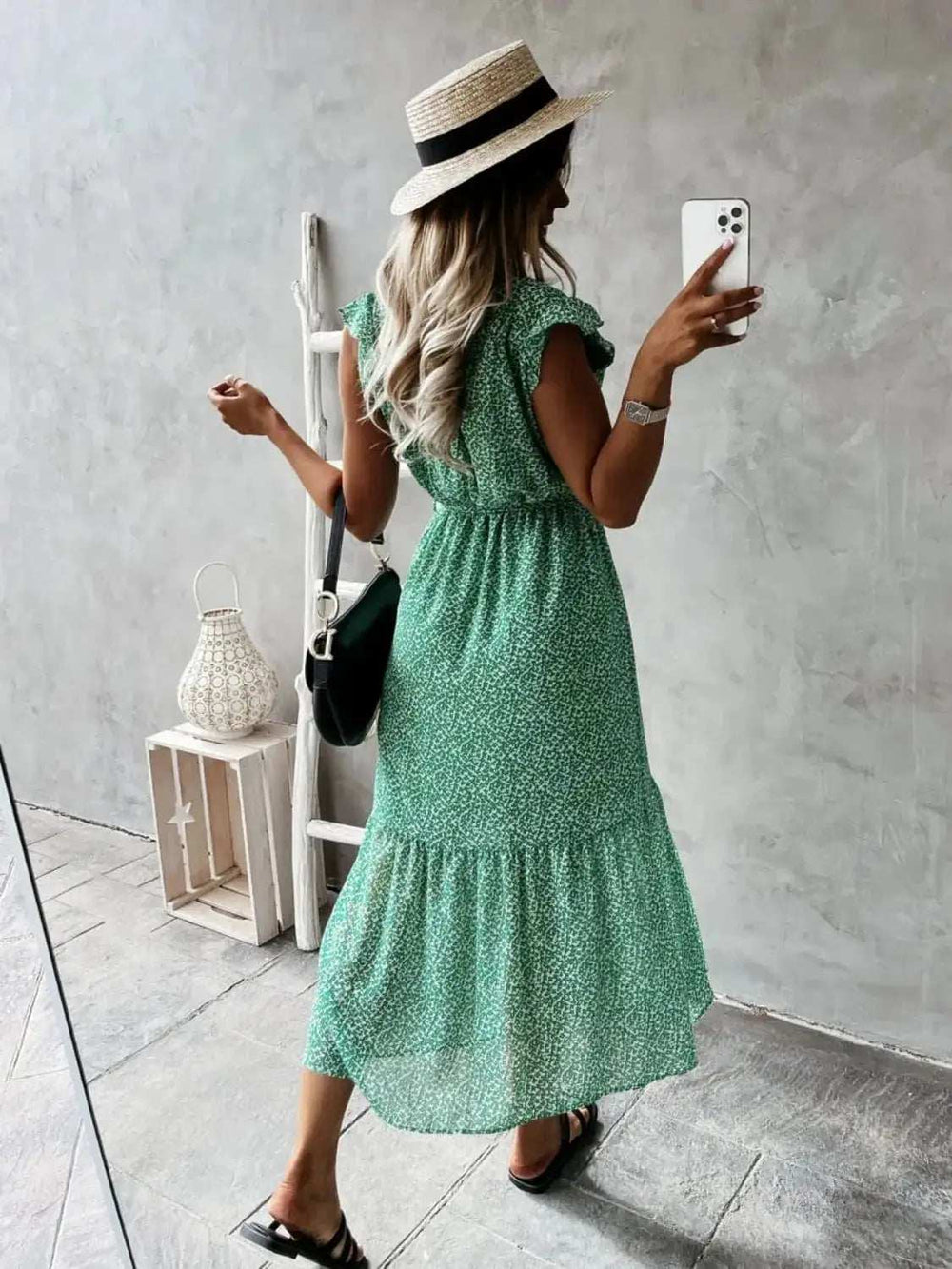Ruffled Surplice Printed Cap Sleeve Dress - Trendsi - Flyclothing LLC
