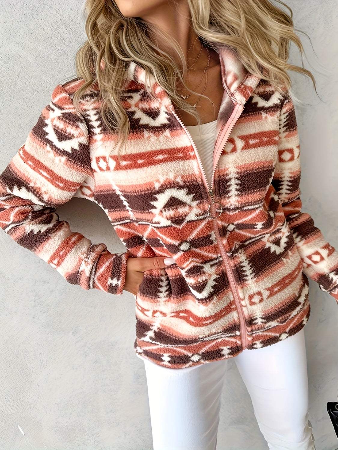 Geometric Zip Up Long Sleeve Hooded Jacket - Trendsi - Flyclothing LLC