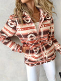 Geometric Zip Up Long Sleeve Hooded Jacket - Trendsi