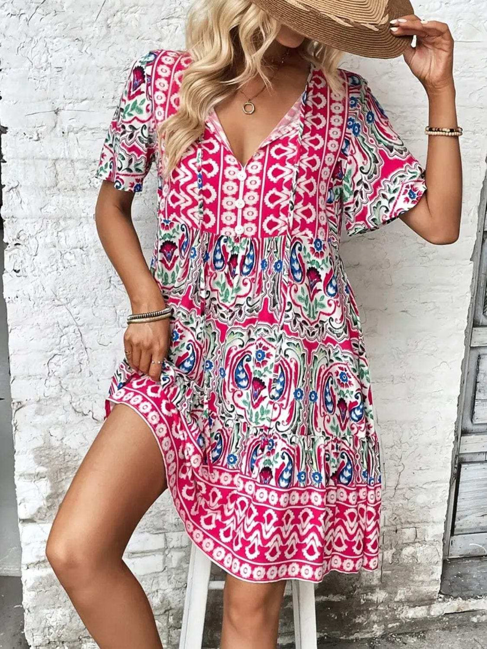 Printed Tie Neck Short Sleeve Dress - Trendsi - Flyclothing LLC