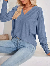 Plus Size V-Neck Textured Long Sleeve T-Shirt - Trendsi - Flyclothing LLC