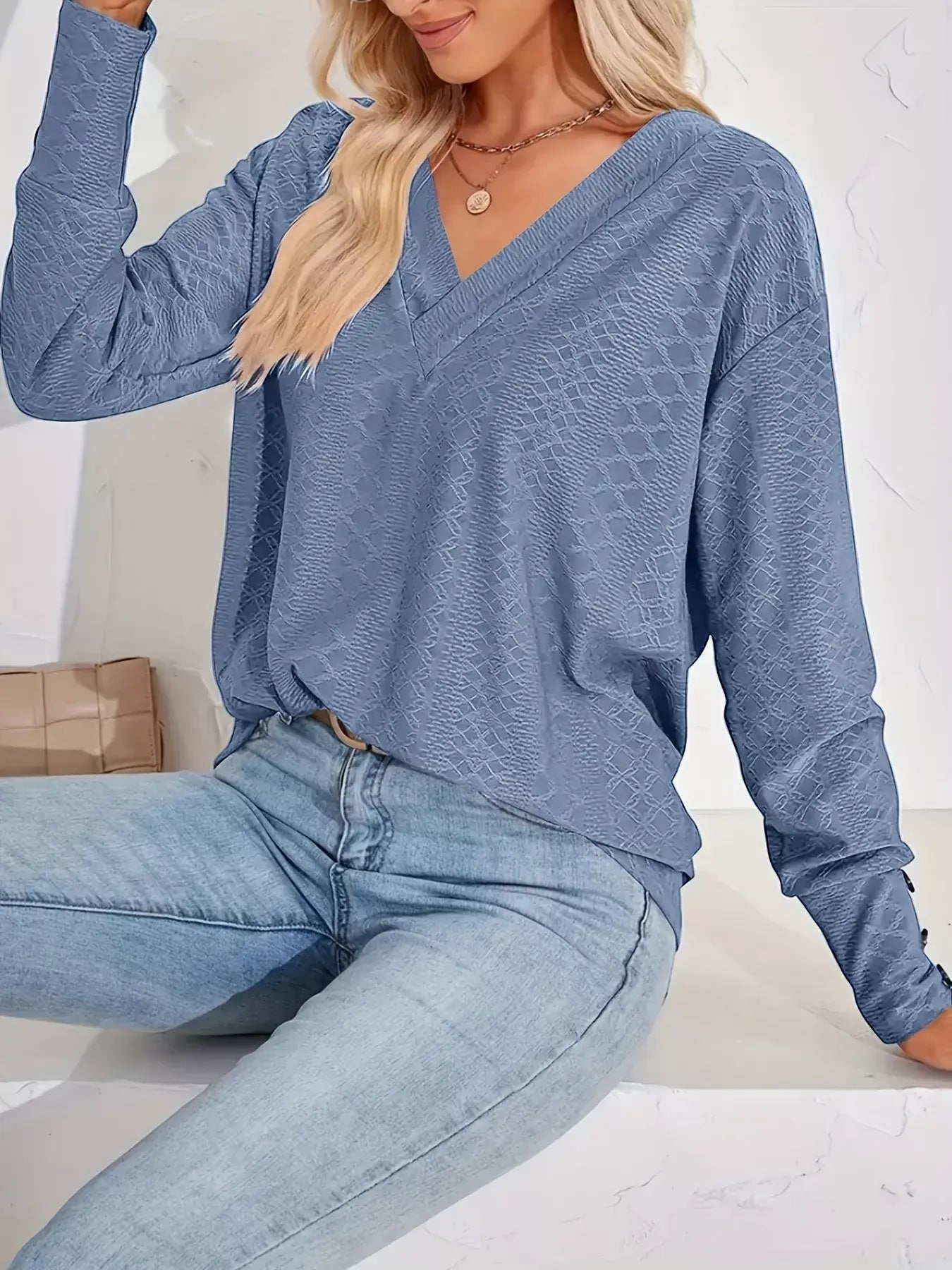 Plus Size V-Neck Textured Long Sleeve T-Shirt - Trendsi - Flyclothing LLC
