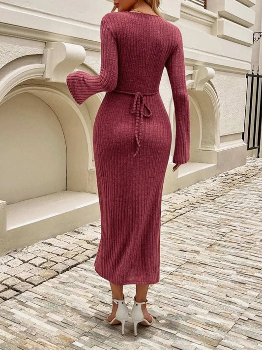 Devine Tied V-Neck Long Sleeve Sweater Dress - Trendsi - Flyclothing LLC