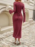 Devine Tied V-Neck Long Sleeve Sweater Dress - Trendsi