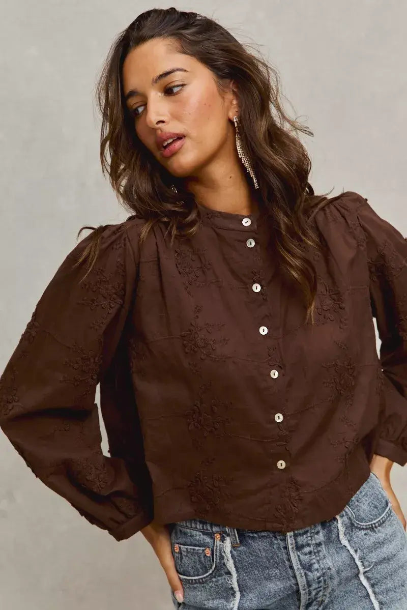 SO ME 3d Floral Woven Long Sleeve Front Button Shirt - Trendsi - Flyclothing LLC