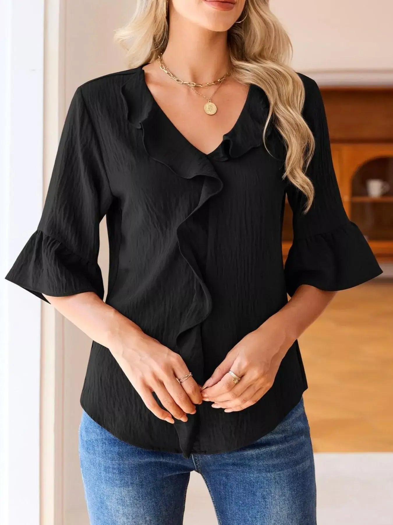 Ruffled Flounce Sleeve Blouse - Trendsi - Flyclothing LLC