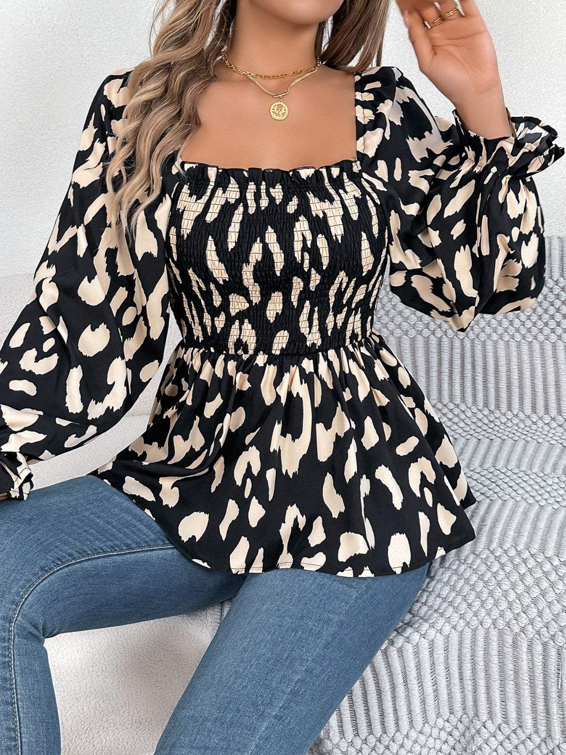Square Neck Flounce Sleeve Blouse - Trendsi - Flyclothing LLC