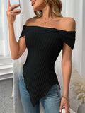 Ribbed Off-Shoulder Asymmetrical Hem T-Shirt - Trendsi - Flyclothing LLC