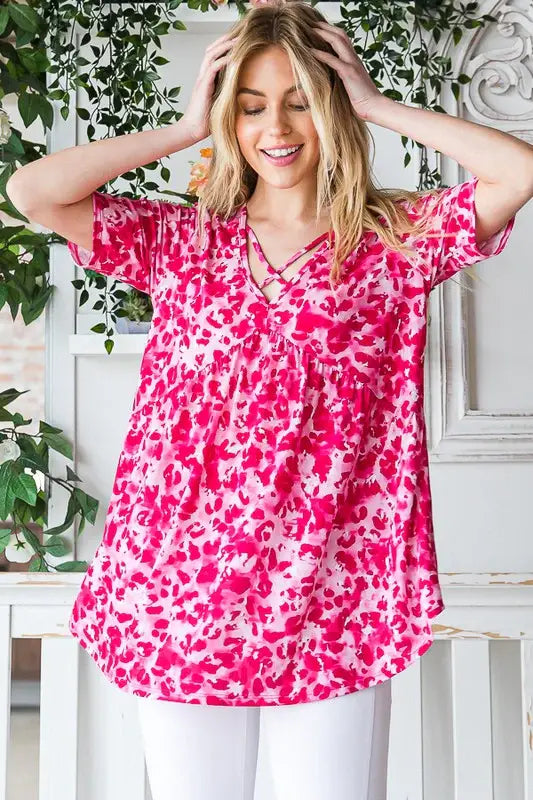 Heimish Full Size Short Sleeve Crisscross Animal Babydoll Top Plus Size - Trendsi - Flyclothing LLC