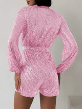 Full Size Sequin Surplice Tie Waist Long Sleeve Romper - Trendsi - Flyclothing LLC