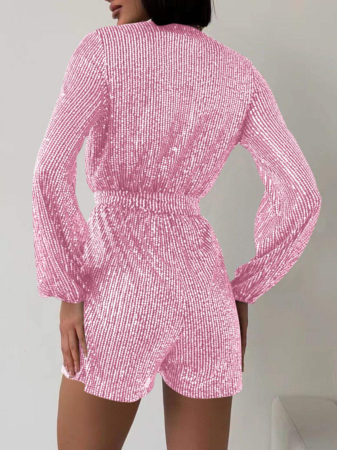 Full Size Sequin Surplice Tie Waist Long Sleeve Romper - Trendsi - Flyclothing LLC