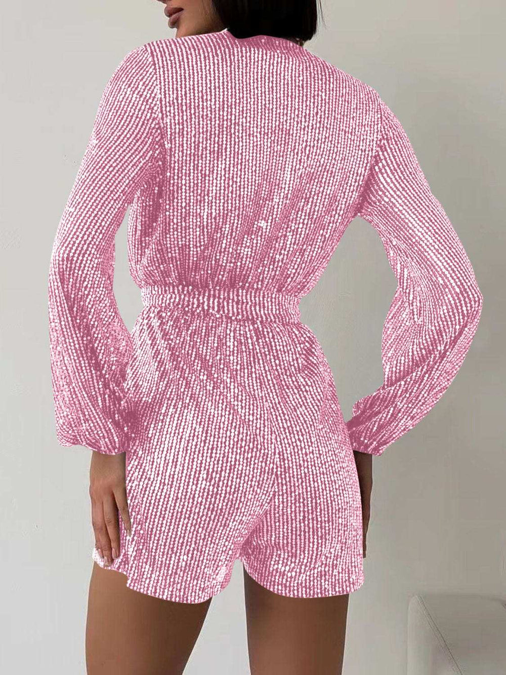 Full Size Sequin Surplice Tie Waist Long Sleeve Romper - Trendsi - Flyclothing LLC