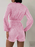 Full Size Sequin Surplice Tie Waist Long Sleeve Romper - Trendsi - Flyclothing LLC