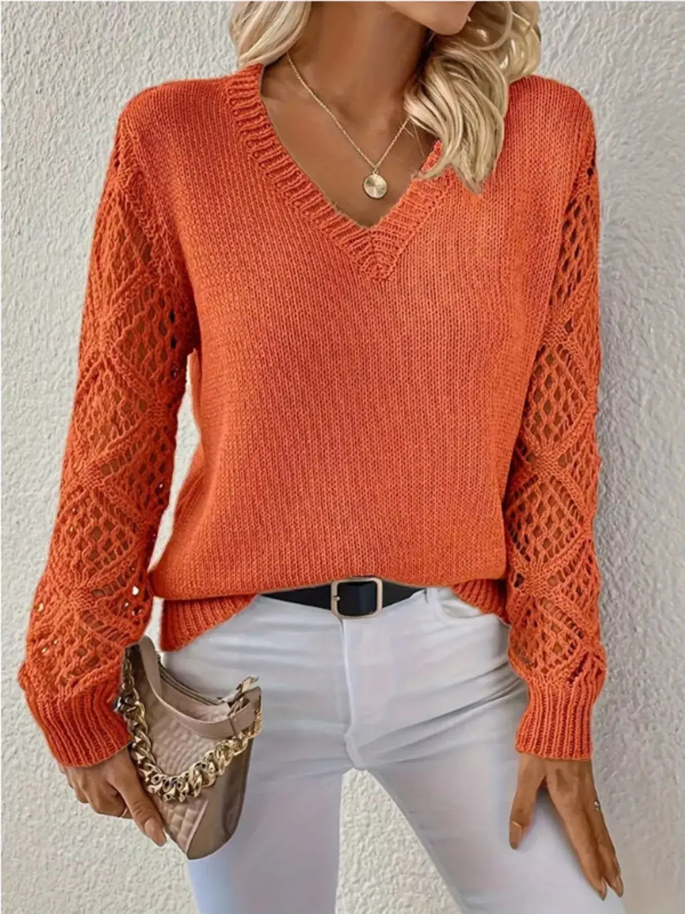 V-Neck Crochet Sleeve Sweater - Trendsi - Flyclothing LLC