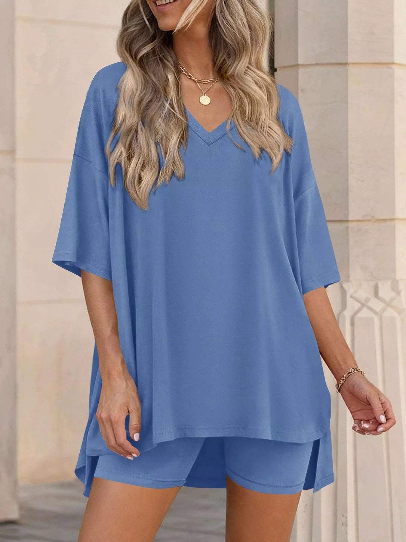 Full Size Casual Loose V-Neck T-Shirt & Shorts Set Plus Size - Trendsi - Flyclothing LLC
