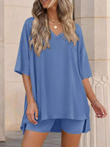 Full Size Casual Loose V-Neck T-Shirt & Shorts Set Plus Size - Trendsi - Flyclothing LLC