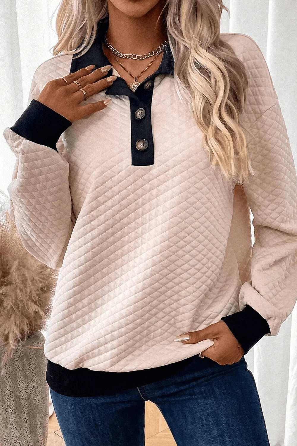 Textured Collared Neck Long Sleeve Top - Trendsi - Flyclothing LLC