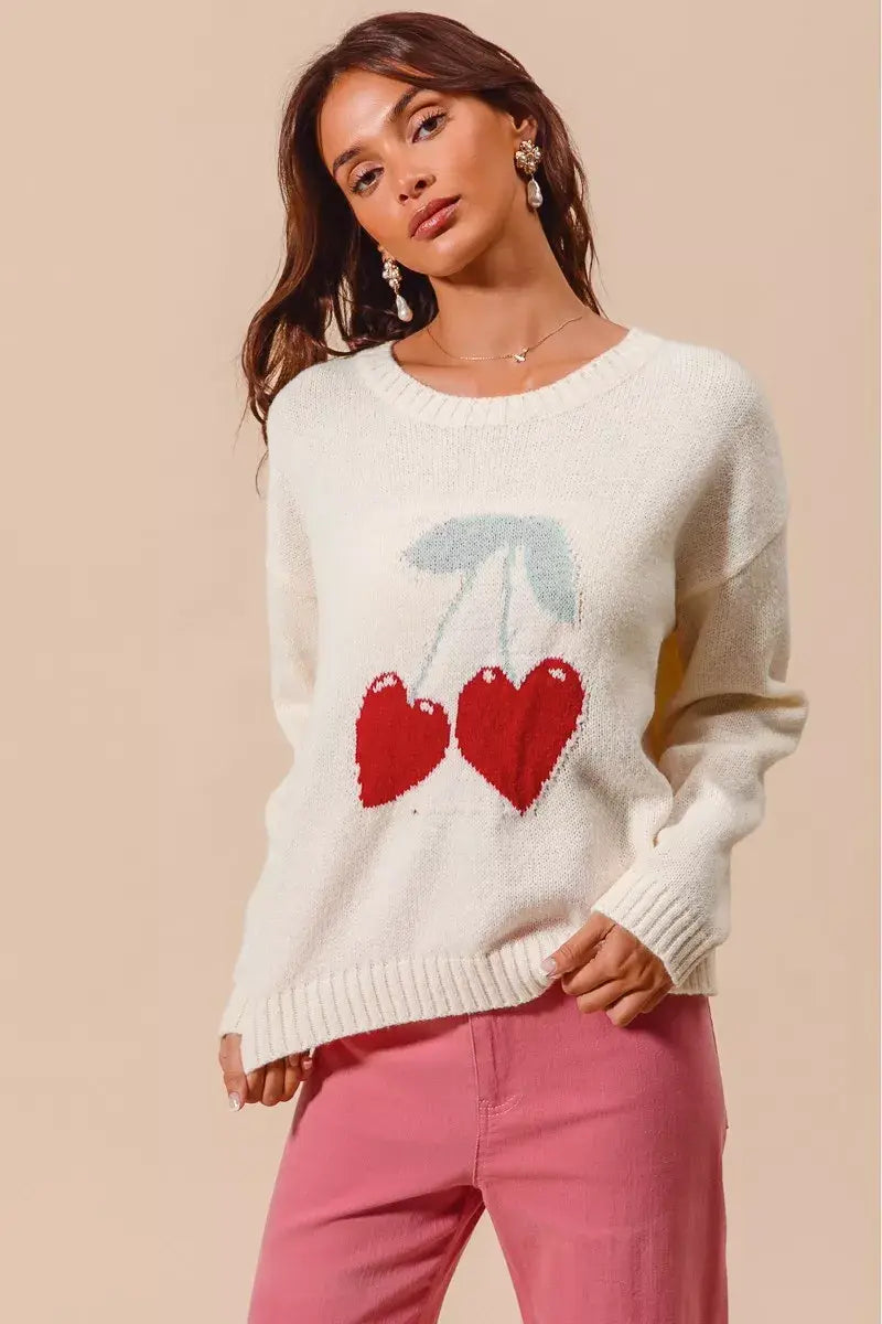 SO ME Heart Cherry Knitted Valentine Sweater Top - Trendsi - Flyclothing LLC