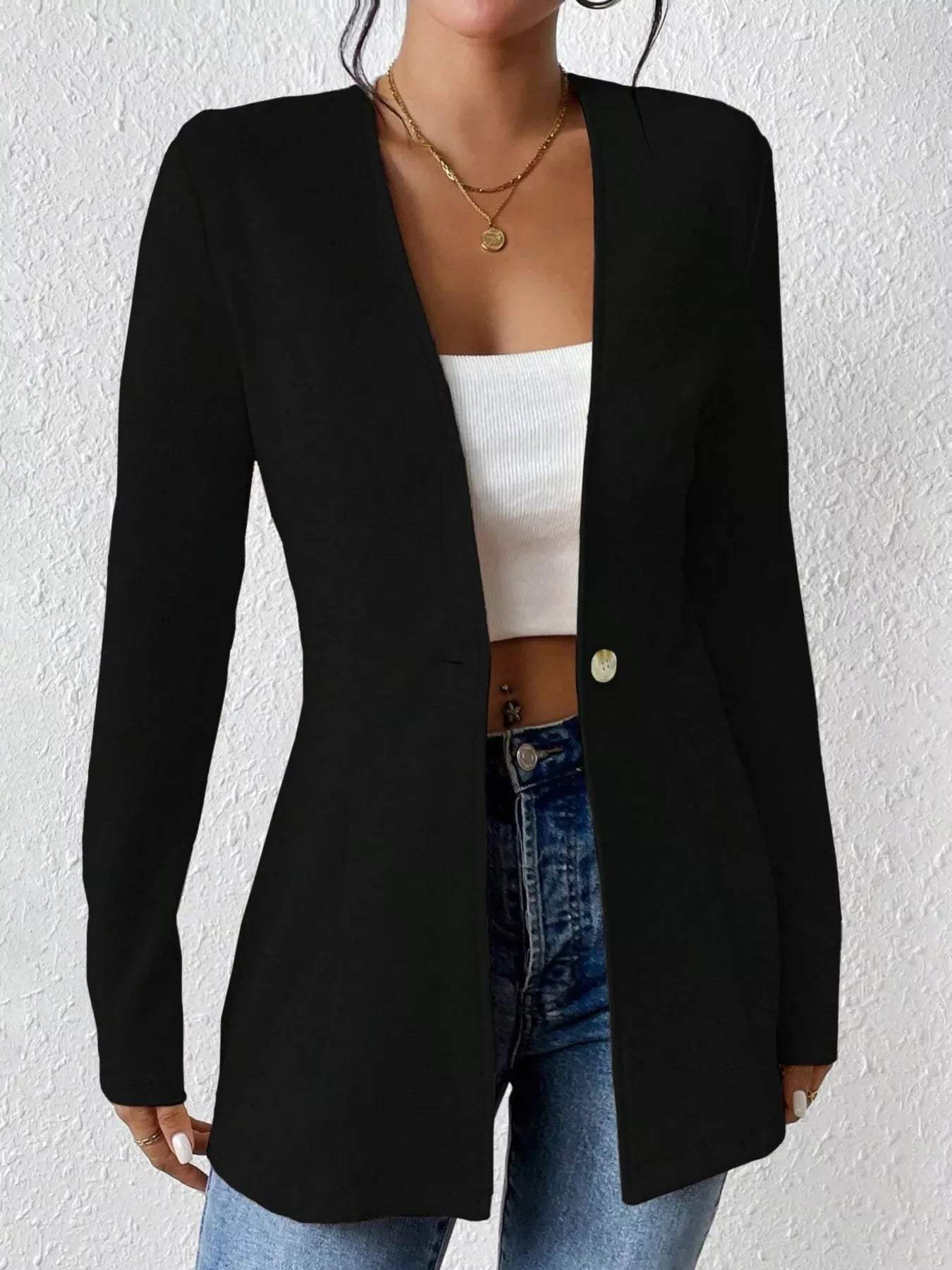 One Button Long Sleeve Blazer - Trendsi - Flyclothing LLC