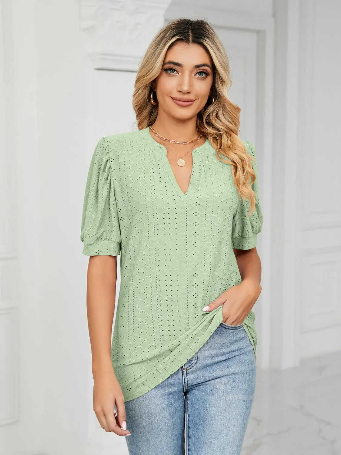 Florira Eyelet Notched Short Sleeve T-Shirt - Trendsi - Flyclothing LLC